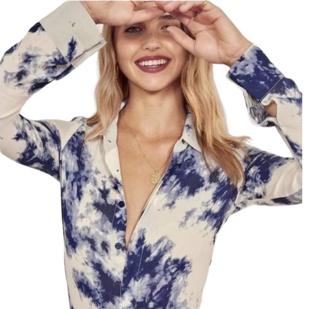 Reformation blue and white tie dye button up shirt